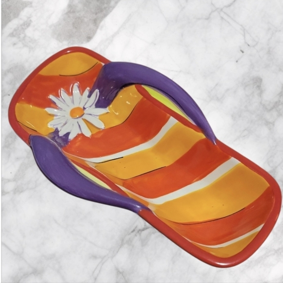 clay art Other - Ceramic Flip-Flop Dish with Daisy Accent - Orange, Red & Purple